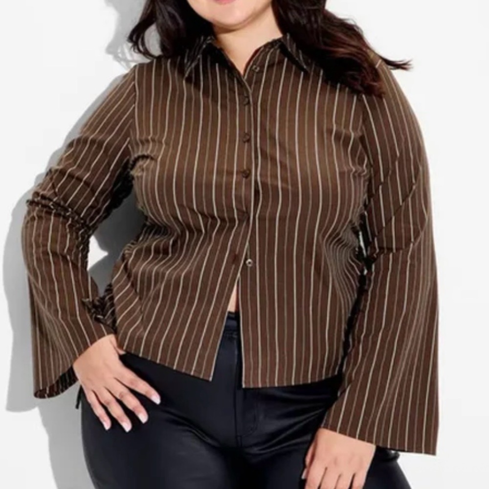 Bundle to Save Money! Woman's Brown Striped Bell Sleeve Button Down Top
